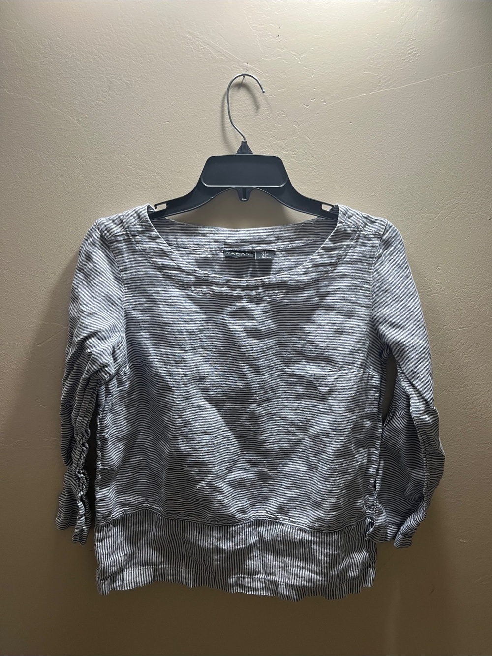 Tahari Blue and White Striped Boatneck Tie-Sleeve Top